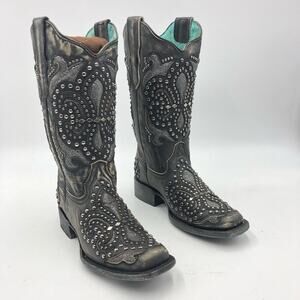 Corral Womens Inlay & Embroidery & Studs Square Toe Black Size 7 M